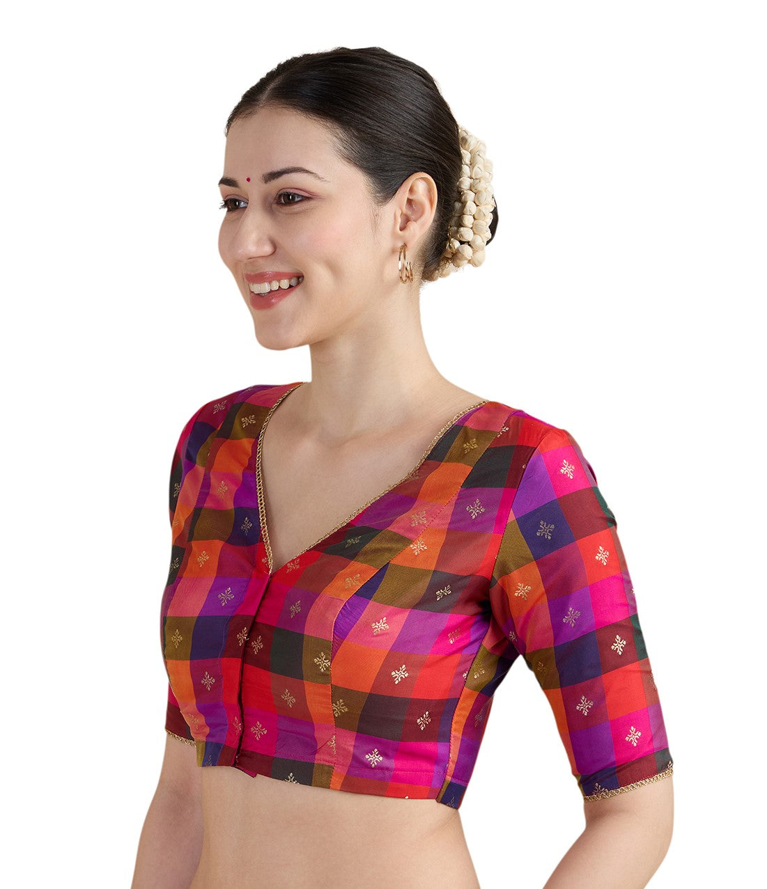Studio Shringaar Multi-coloured Traditional Art Silk Checkered 'V' Neck Saree Blouse With Peacock Motifs (Design 2992) (Pink)