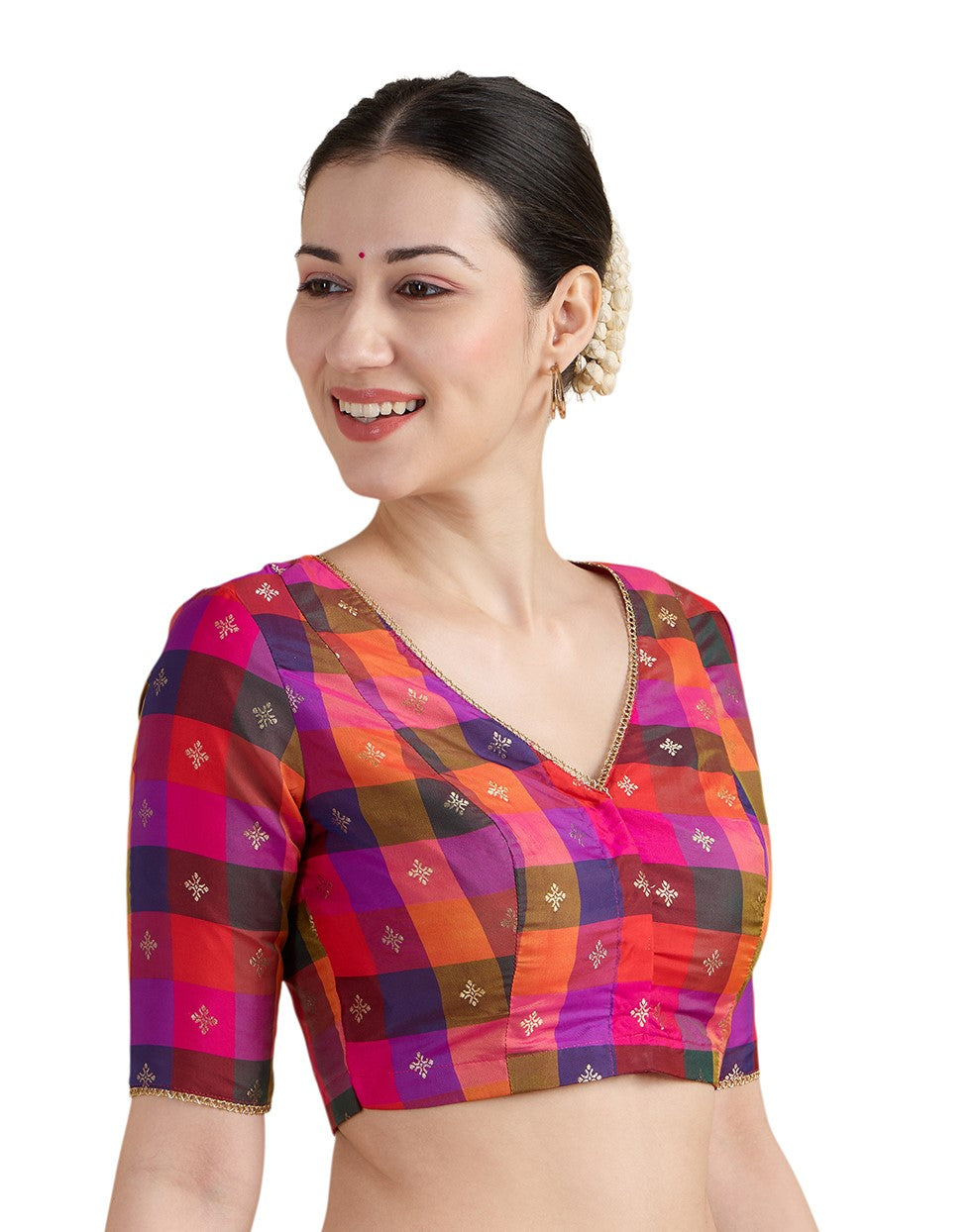 Studio Shringaar Multi-coloured Traditional Art Silk Checkered 'V' Neck Saree Blouse With Peacock Motifs (Design 2992) (Pink)