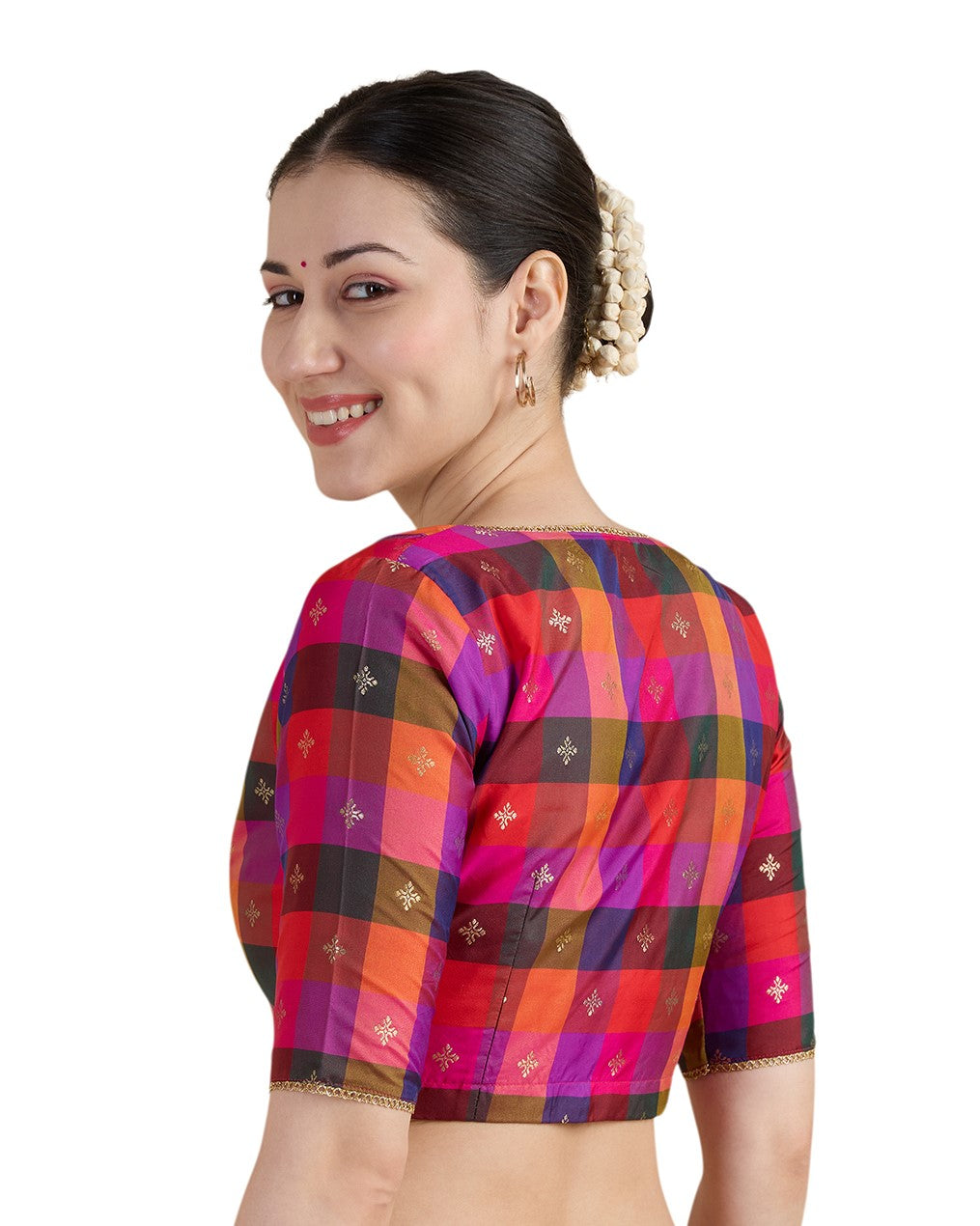 Studio Shringaar Multi-coloured Traditional Art Silk Checkered 'V' Neck Saree Blouse With Peacock Motifs (Design 2992) (Pink)