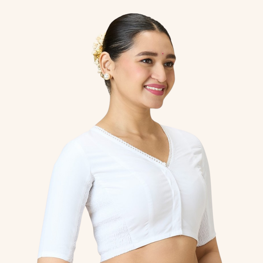 Studio Shringaar Women's White Rayon Side Stretch ( Smocked ) Readymade Summer Saree Blouse (Design 2994)