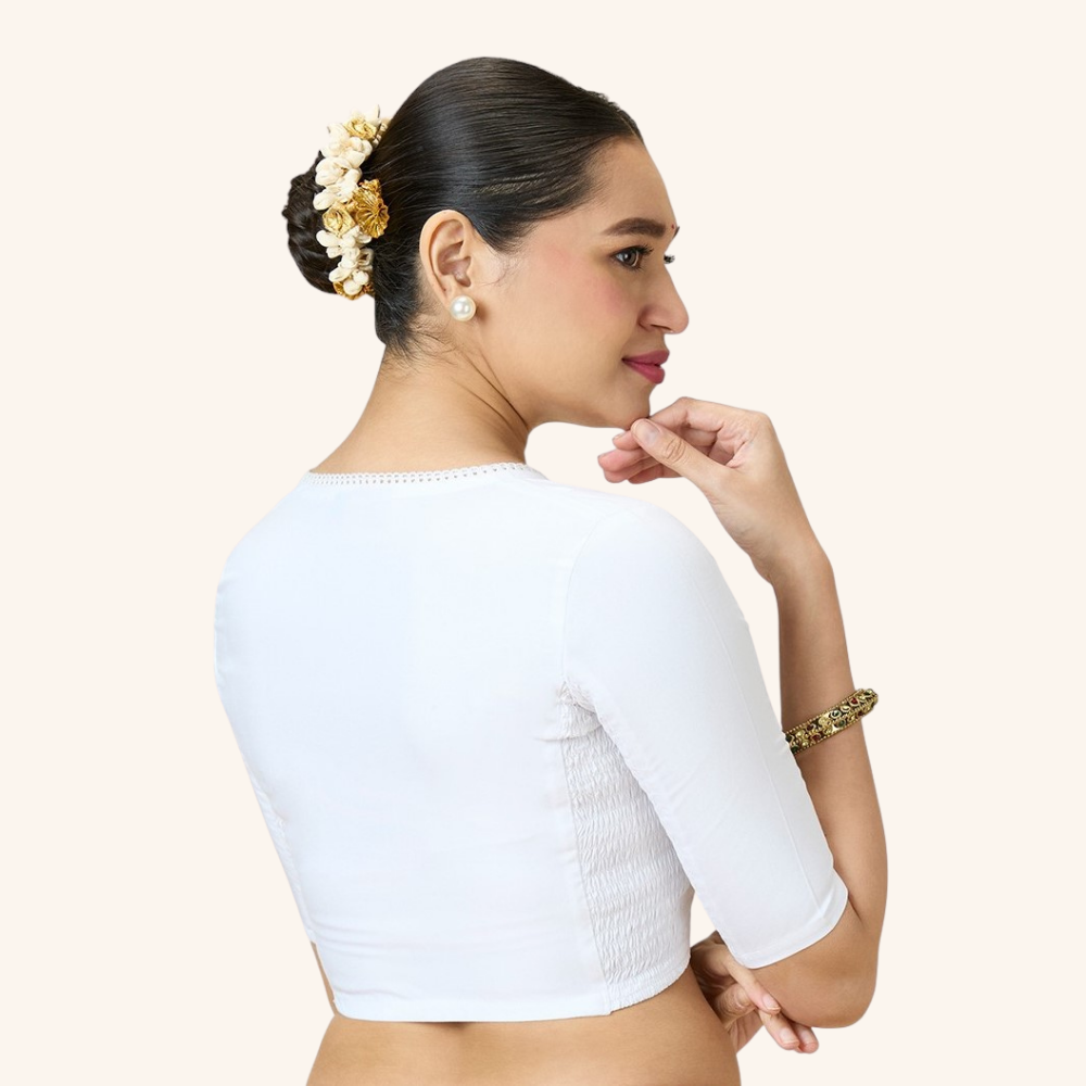 Studio Shringaar Women's White Rayon Side Stretch ( Smocked ) Readymade Summer Saree Blouse (Design 2994)