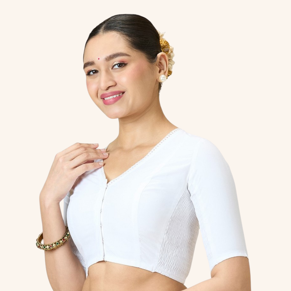 Studio Shringaar Women's White Rayon Side Stretch ( Smocked ) Readymade Summer Saree Blouse (Design 2994)