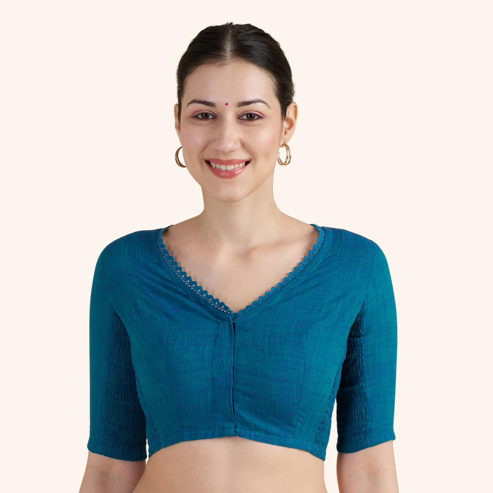 Studio Shringaar Women's Firozi Handloom Cotton Side Stretchable (Smocked) Readymade Saree Blouse With Crochet Neckline (Design 2997)