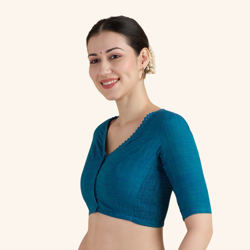 Studio Shringaar Women's Firozi Handloom Cotton Side Stretchable (Smocked) Readymade Saree Blouse With Crochet Neckline (Design 2997)
