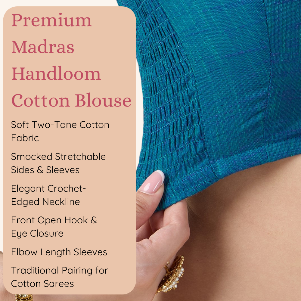 Studio Shringaar Women's Firozi Handloom Cotton Side Stretchable (Smocked) Readymade Saree Blouse With Crochet Neckline (Design 2997)