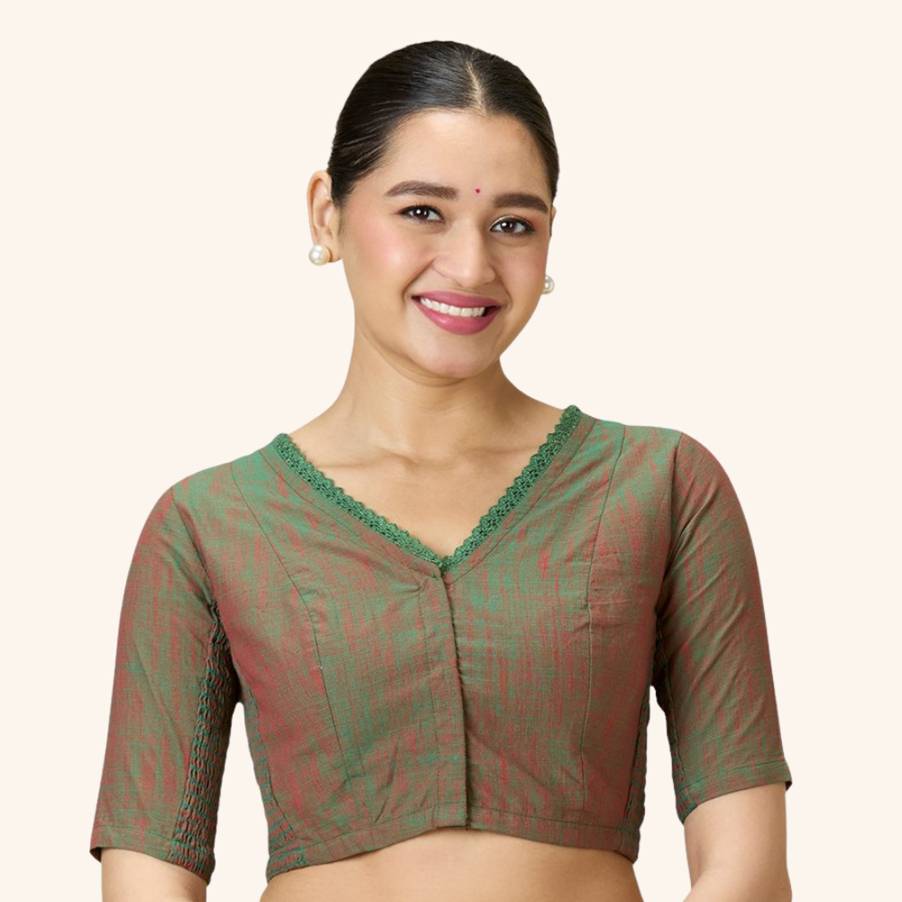 Studio Shringaar Women's Green Handloom Cotton Side Stretchable (Smocked) Readymade Saree Blouse With Crochet Neckline (Design 2997)