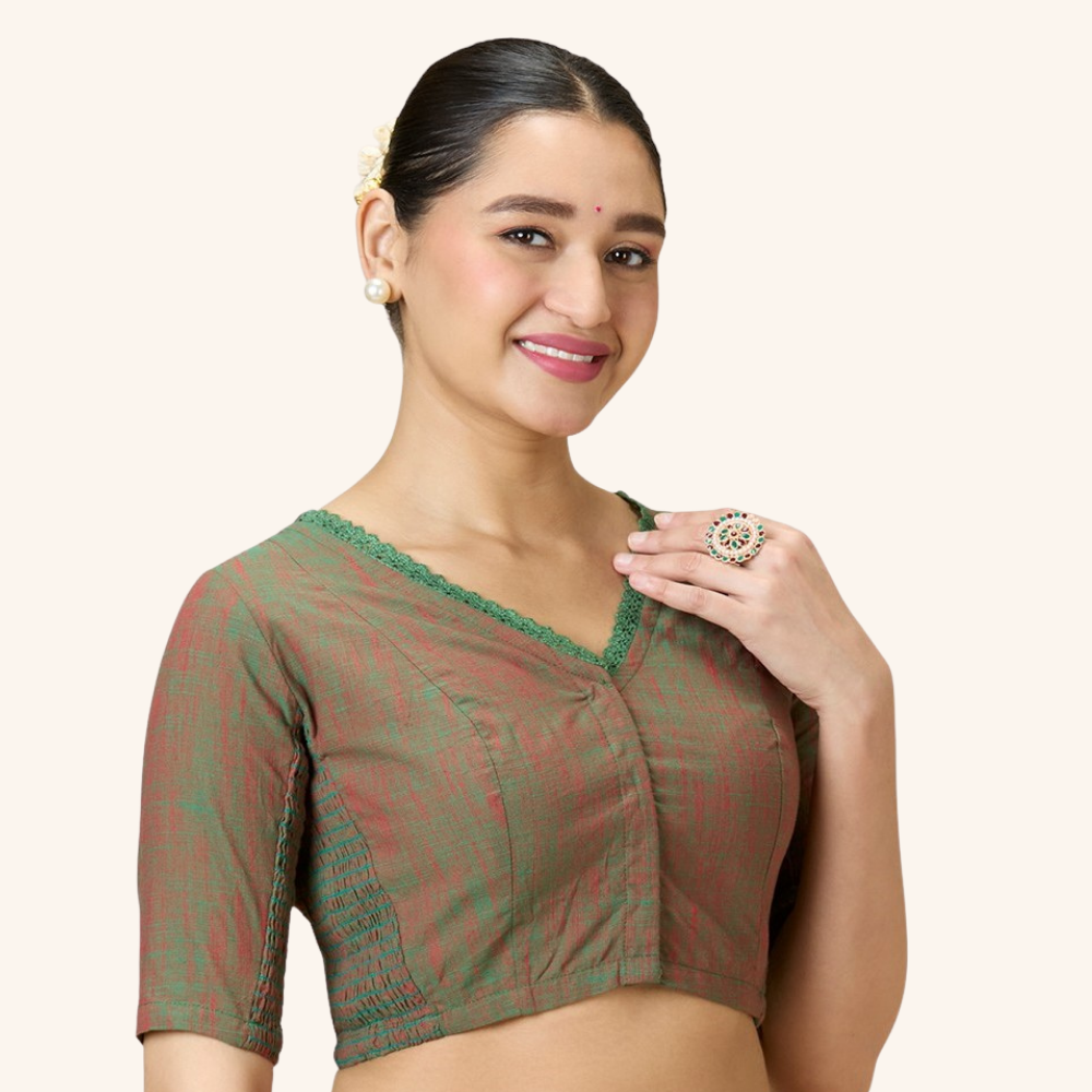 Studio Shringaar Women's Green Handloom Cotton Side Stretchable (Smocked) Readymade Saree Blouse With Crochet Neckline (Design 2997)