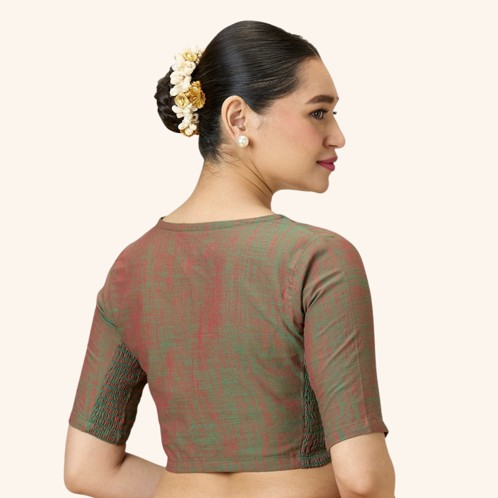 Studio Shringaar Women's Green Handloom Cotton Side Stretchable (Smocked) Readymade Saree Blouse With Crochet Neckline (Design 2997)