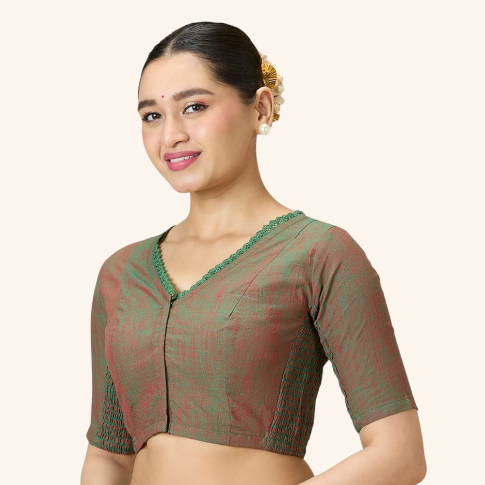 Studio Shringaar Women's Green Handloom Cotton Side Stretchable (Smocked) Readymade Saree Blouse With Crochet Neckline (Design 2997)