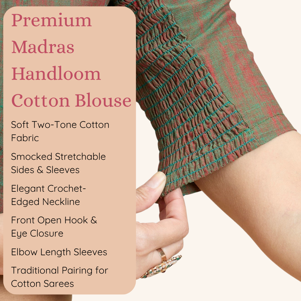Studio Shringaar Women's Green Handloom Cotton Side Stretchable (Smocked) Readymade Saree Blouse With Crochet Neckline (Design 2997)
