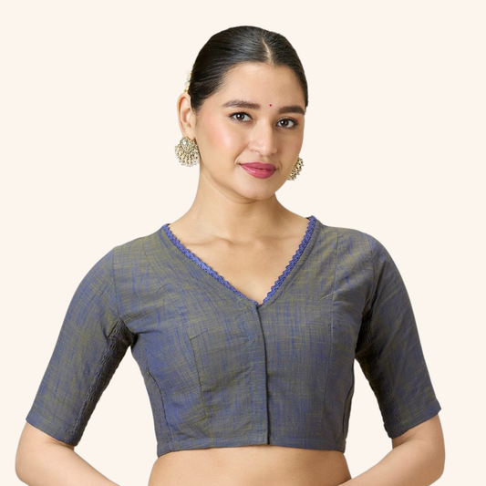 Studio Shringaar Women's Grey Handloom Cotton Side Stretchable (Smocked) Readymade Saree Blouse With Crochet Neckline (Design 2997)