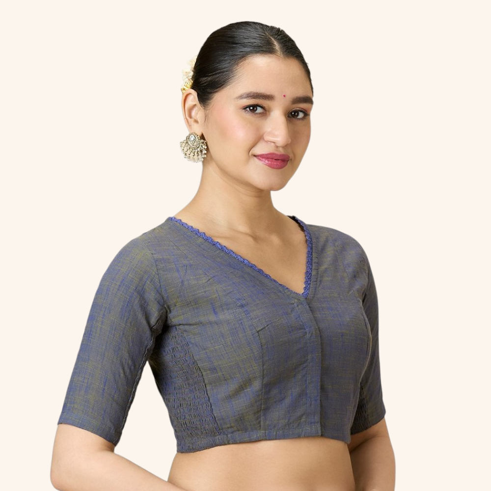 Studio Shringaar Women's Grey Handloom Cotton Side Stretchable (Smocked) Readymade Saree Blouse With Crochet Neckline (Design 2997)