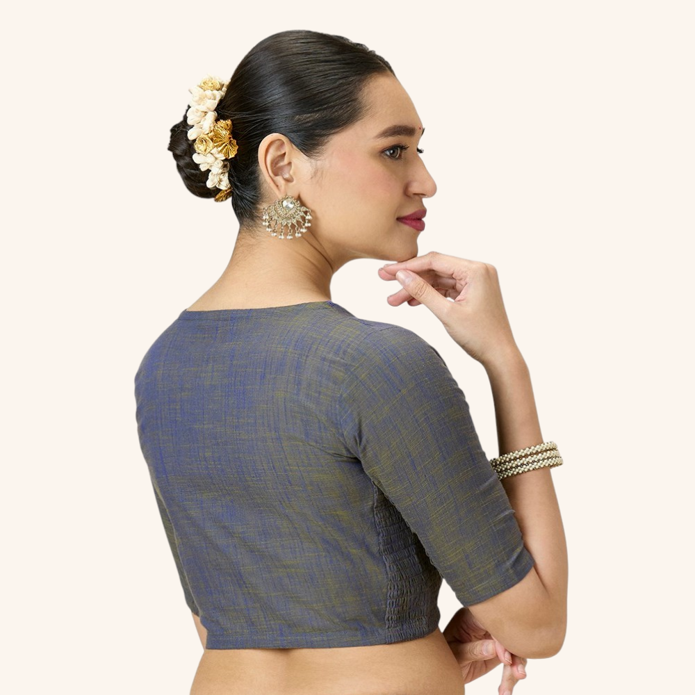 Studio Shringaar Women's Grey Handloom Cotton Side Stretchable (Smocked) Readymade Saree Blouse With Crochet Neckline (Design 2997)