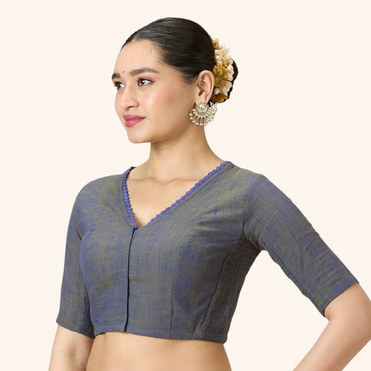 Studio Shringaar Women's Grey Handloom Cotton Side Stretchable (Smocked) Readymade Saree Blouse With Crochet Neckline (Design 2997)