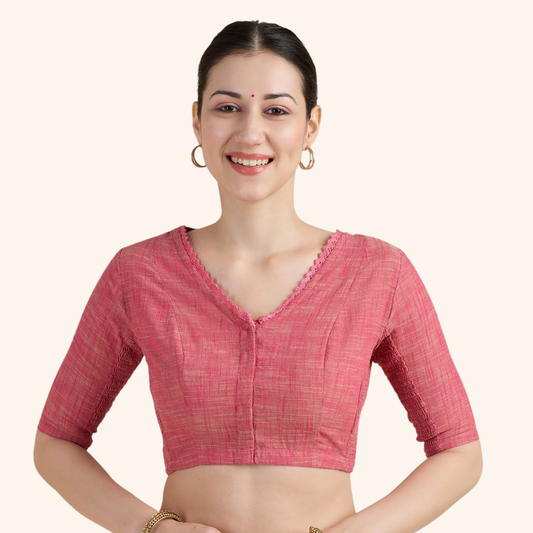 Studio Shringaar Women's Light Pink Handloom Cotton Side Stretchable (Smocked) Readymade Saree Blouse With Crochet Neckline (Design 2997)
