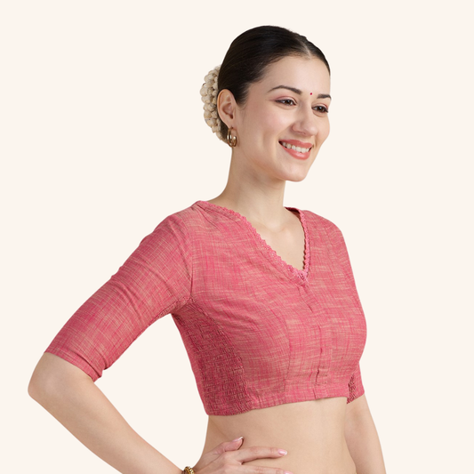 Studio Shringaar Women's Light Pink Handloom Cotton Side Stretchable (Smocked) Readymade Saree Blouse With Crochet Neckline (Design 2997)