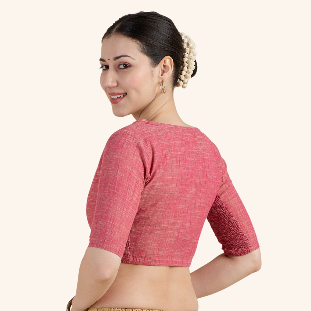 Studio Shringaar Women's Light Pink Handloom Cotton Side Stretchable (Smocked) Readymade Saree Blouse With Crochet Neckline (Design 2997)