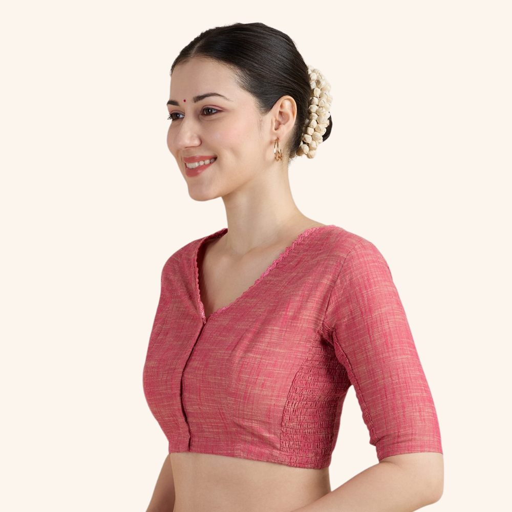 Studio Shringaar Women's Light Pink Handloom Cotton Side Stretchable (Smocked) Readymade Saree Blouse With Crochet Neckline (Design 2997)