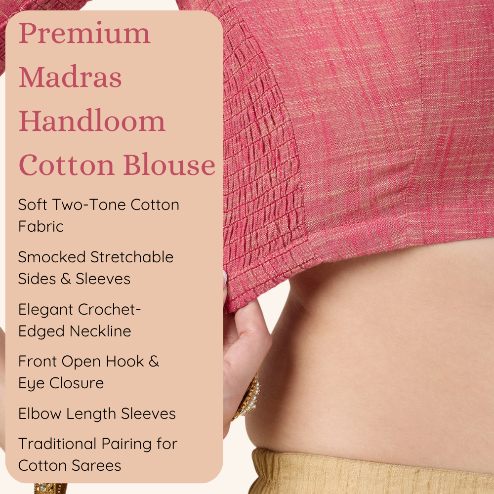 Studio Shringaar Women's Light Pink Handloom Cotton Side Stretchable (Smocked) Readymade Saree Blouse With Crochet Neckline (Design 2997)