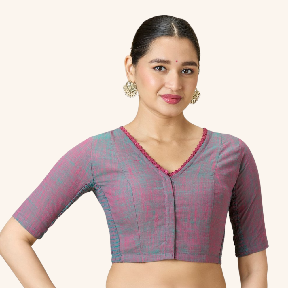 Studio Shringaar Women's Multicolour Handloom Cotton Side Stretchable (Smocked) Readymade Saree Blouse With Crochet Neckline (Design 2997)