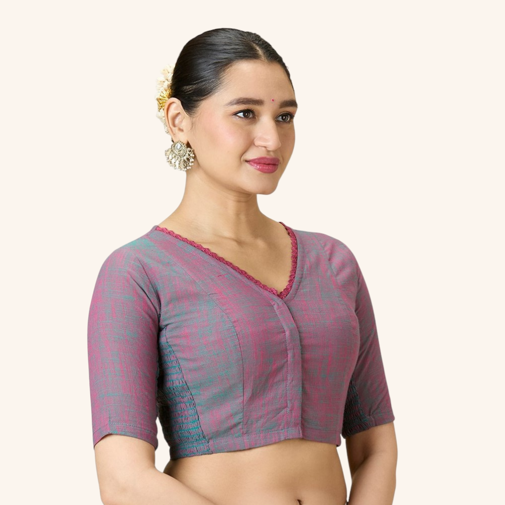Studio Shringaar Women's Multicolour Handloom Cotton Side Stretchable (Smocked) Readymade Saree Blouse With Crochet Neckline (Design 2997)