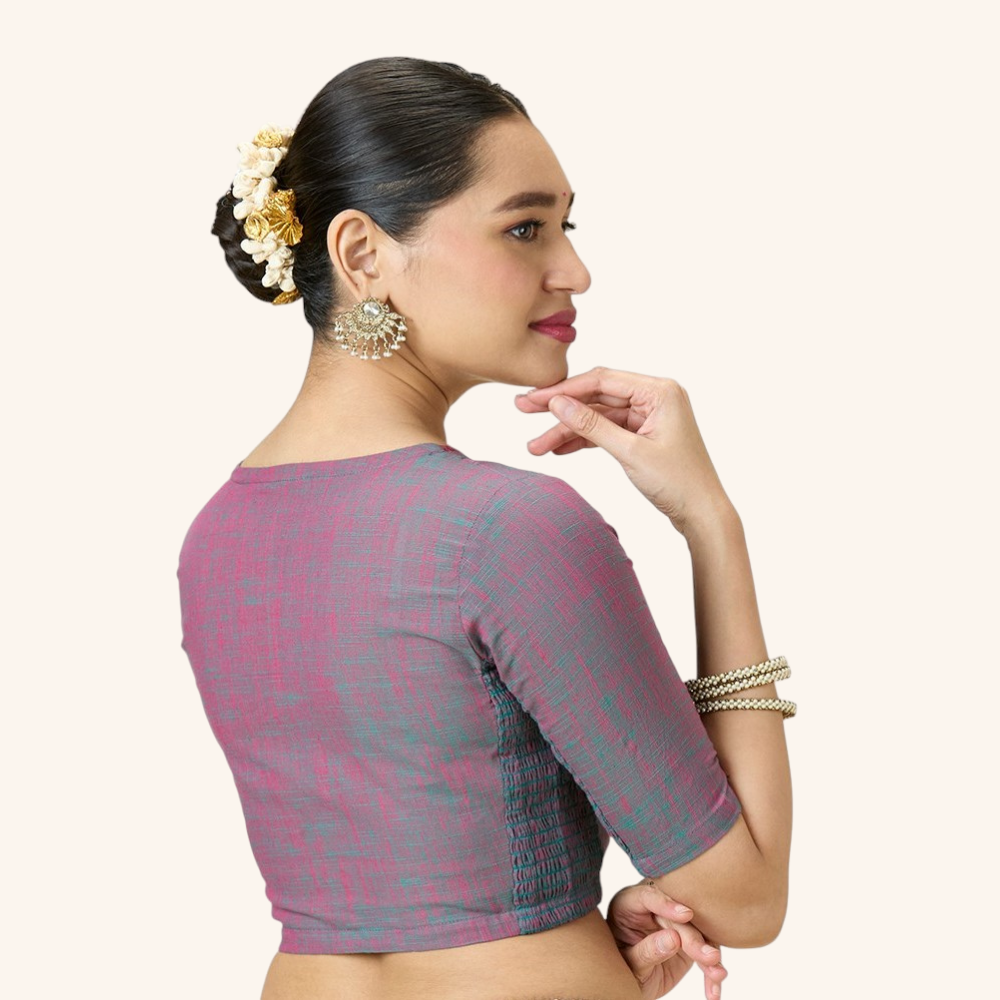 Studio Shringaar Women's Multicolour Handloom Cotton Side Stretchable (Smocked) Readymade Saree Blouse With Crochet Neckline (Design 2997)