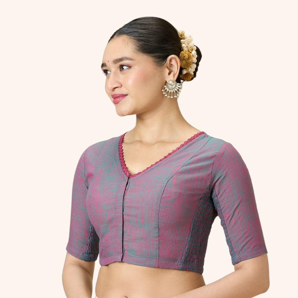 Studio Shringaar Women's Multicolour Handloom Cotton Side Stretchable (Smocked) Readymade Saree Blouse With Crochet Neckline (Design 2997)