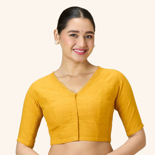 Studio Shringaar Women's Mustard Handloom Cotton Side Stretchable (Smocked) Readymade Saree Blouse With Crochet Neckline (Design 2997)