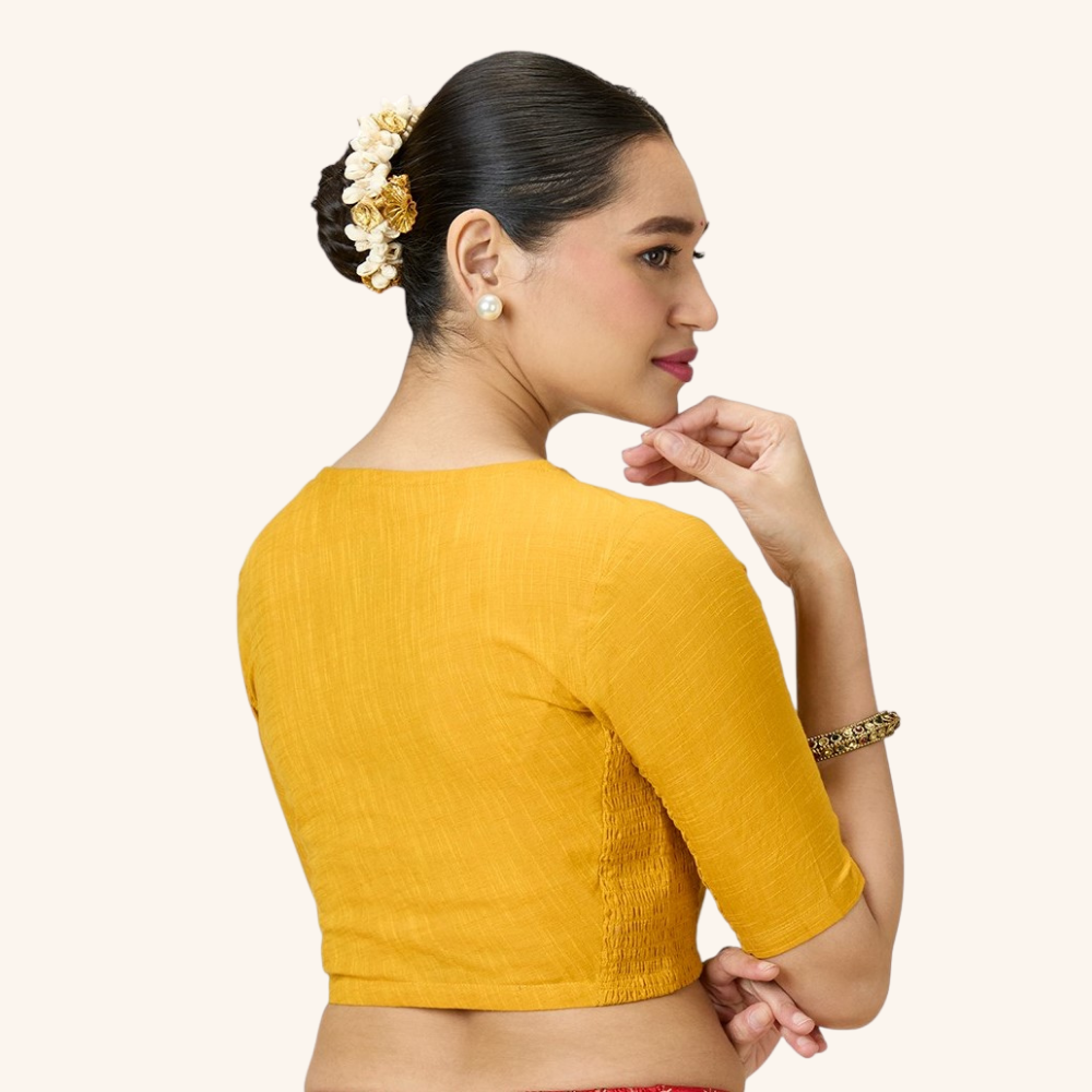 Studio Shringaar Women's Mustard Handloom Cotton Side Stretchable (Smocked) Readymade Saree Blouse With Crochet Neckline (Design 2997)
