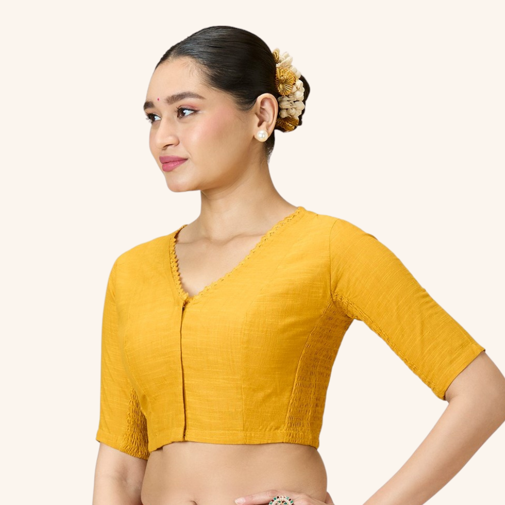 Studio Shringaar Women's Mustard Handloom Cotton Side Stretchable (Smocked) Readymade Saree Blouse With Crochet Neckline (Design 2997)