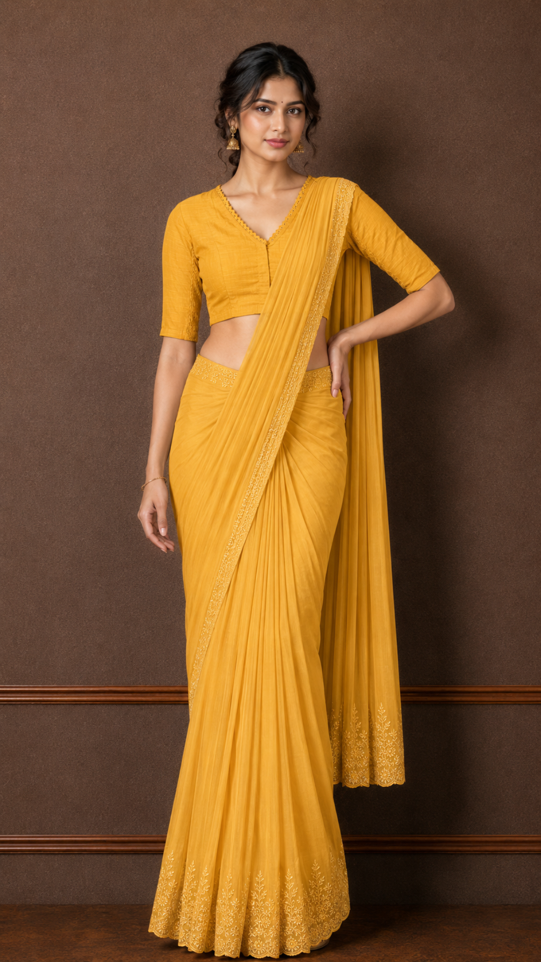 Studio Shringaar Women's Mustard Handloom Cotton Side Stretchable (Smocked) Readymade Saree Blouse With Crochet Neckline (Design 2997)