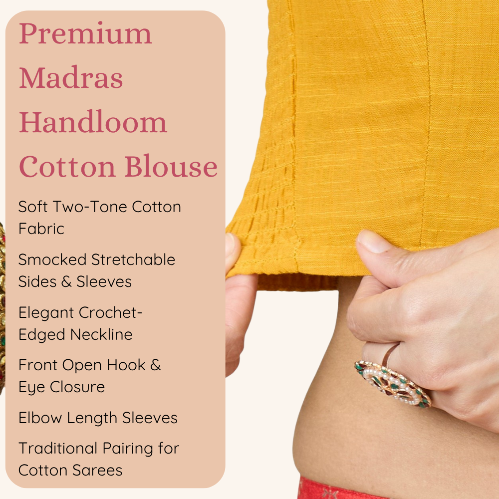 Studio Shringaar Women's Mustard Handloom Cotton Side Stretchable (Smocked) Readymade Saree Blouse With Crochet Neckline (Design 2997)