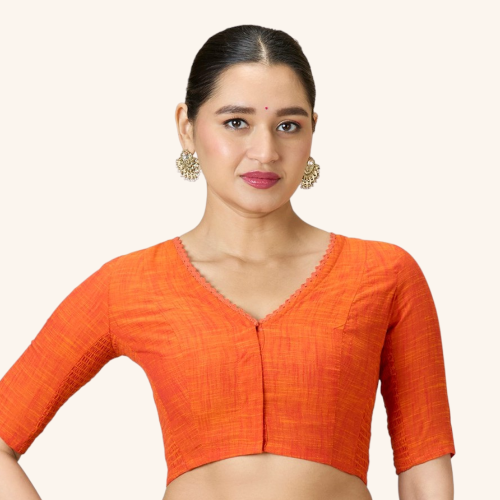Studio Shringaar Women's Orange Handloom Cotton Side Stretchable (Smocked) Readymade Saree Blouse With Crochet Neckline (Design 2997)