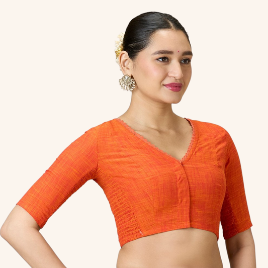 Studio Shringaar Women's Orange Handloom Cotton Side Stretchable (Smocked) Readymade Saree Blouse With Crochet Neckline (Design 2997)