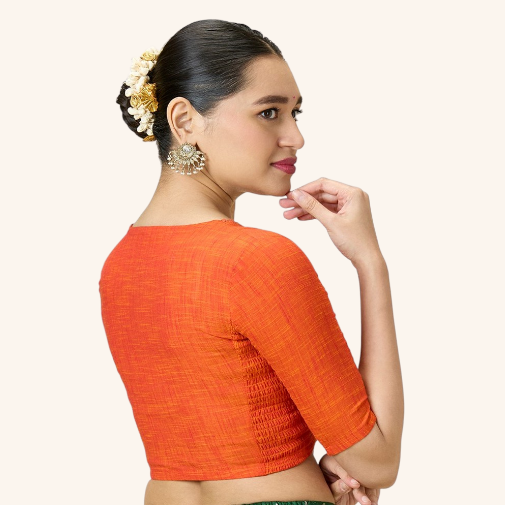 Studio Shringaar Women's Orange Handloom Cotton Side Stretchable (Smocked) Readymade Saree Blouse With Crochet Neckline (Design 2997)