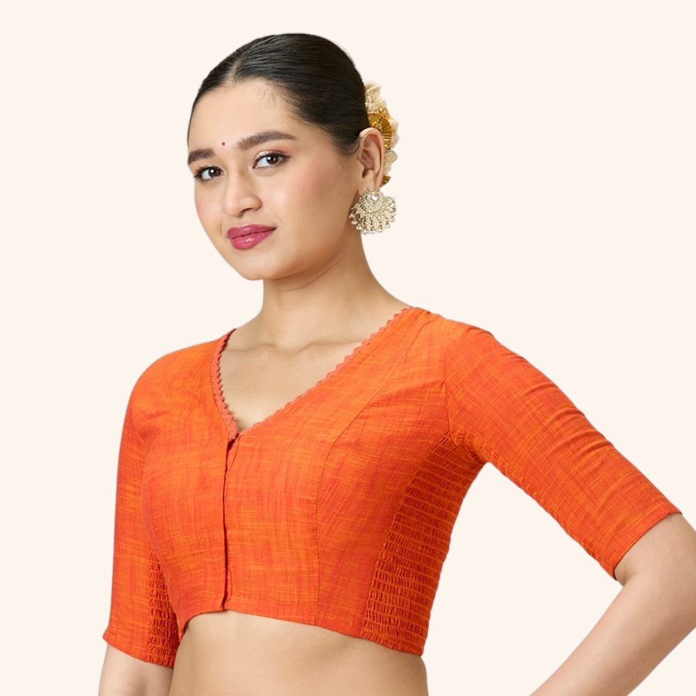 Studio Shringaar Women's Orange Handloom Cotton Side Stretchable (Smocked) Readymade Saree Blouse With Crochet Neckline (Design 2997)