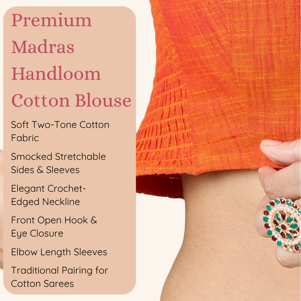 Studio Shringaar Women's Orange Handloom Cotton Side Stretchable (Smocked) Readymade Saree Blouse With Crochet Neckline (Design 2997)