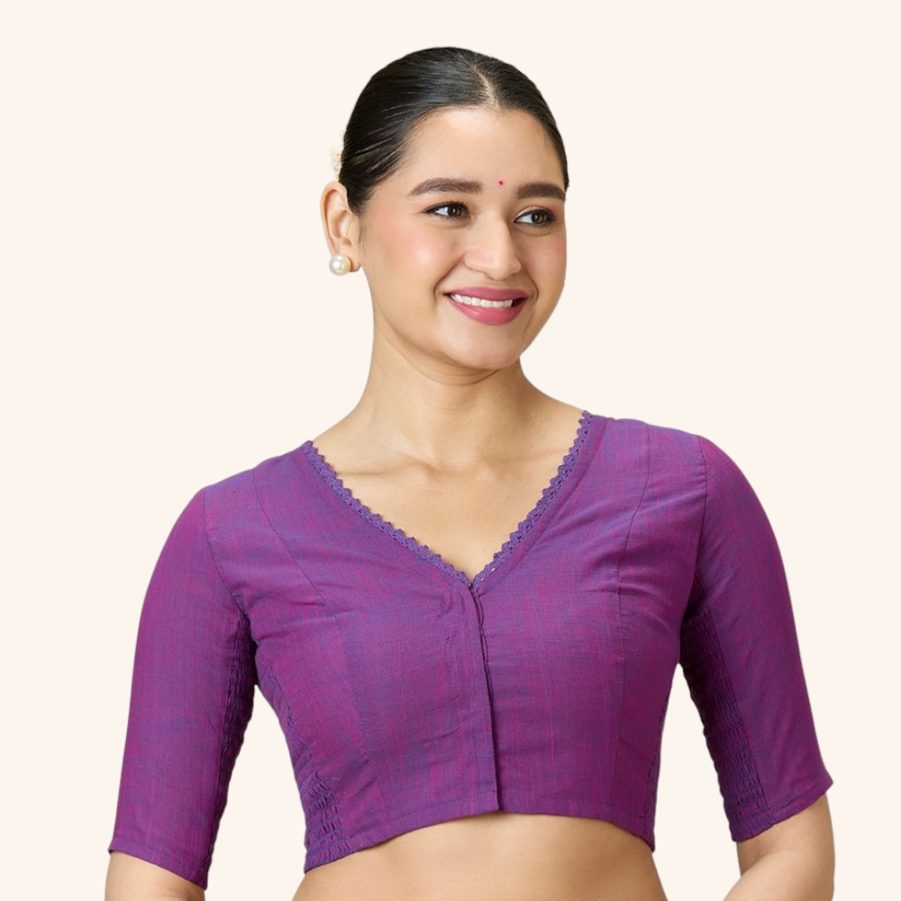 Studio Shringaar Women's Purple Handloom Cotton Side Stretchable (Smocked) Readymade Saree Blouse With Crochet Neckline (Design 2997)