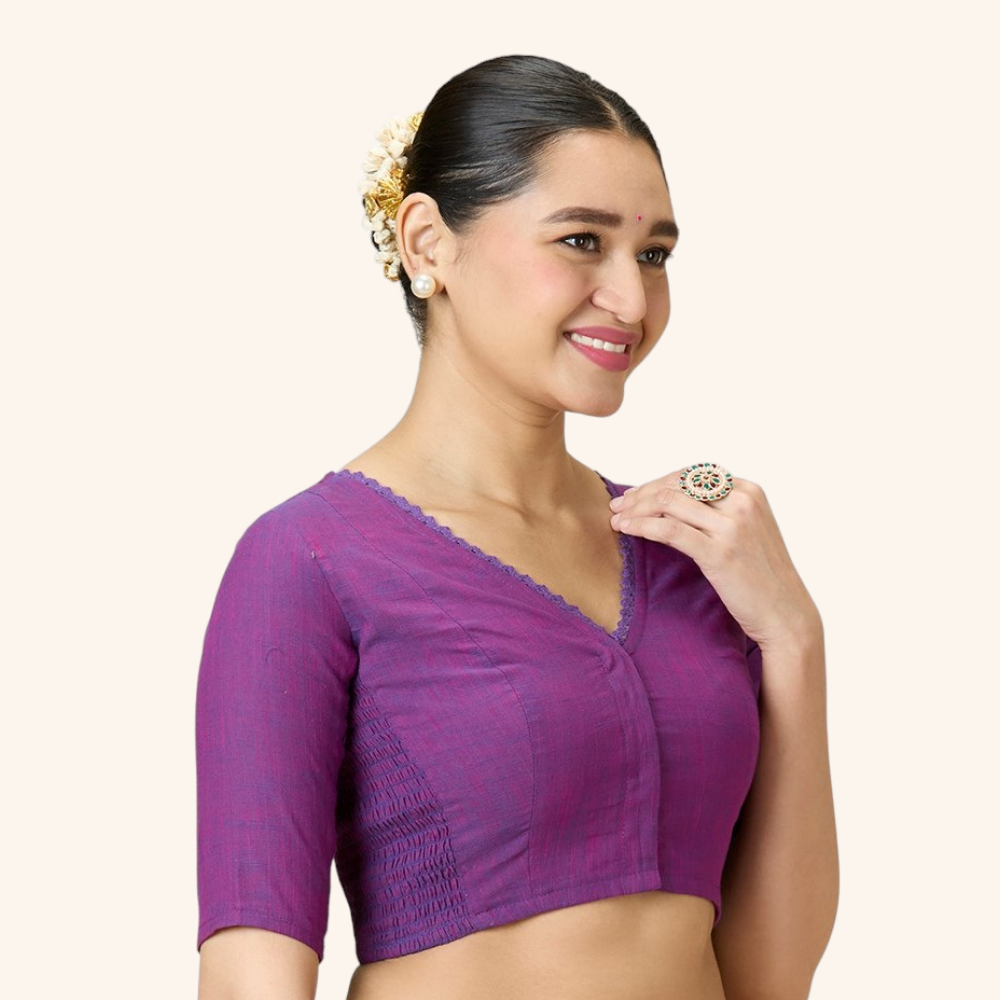 Studio Shringaar Women's Purple Handloom Cotton Side Stretchable (Smocked) Readymade Saree Blouse With Crochet Neckline (Design 2997)