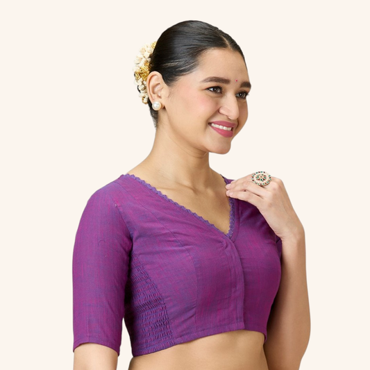 Studio Shringaar Women's Purple Handloom Cotton Side Stretchable (Smocked) Readymade Saree Blouse With Crochet Neckline (Design 2997)
