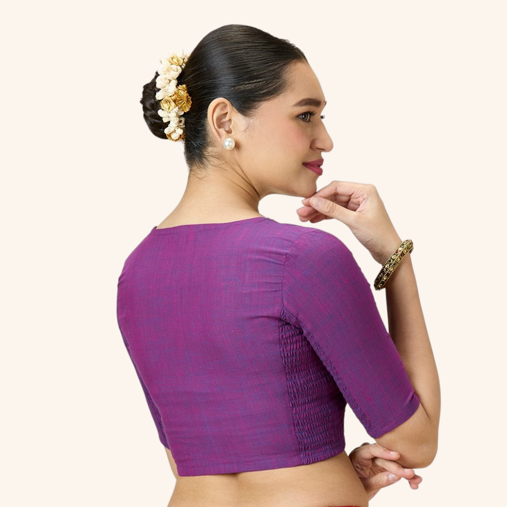 Studio Shringaar Women's Purple Handloom Cotton Side Stretchable (Smocked) Readymade Saree Blouse With Crochet Neckline (Design 2997)