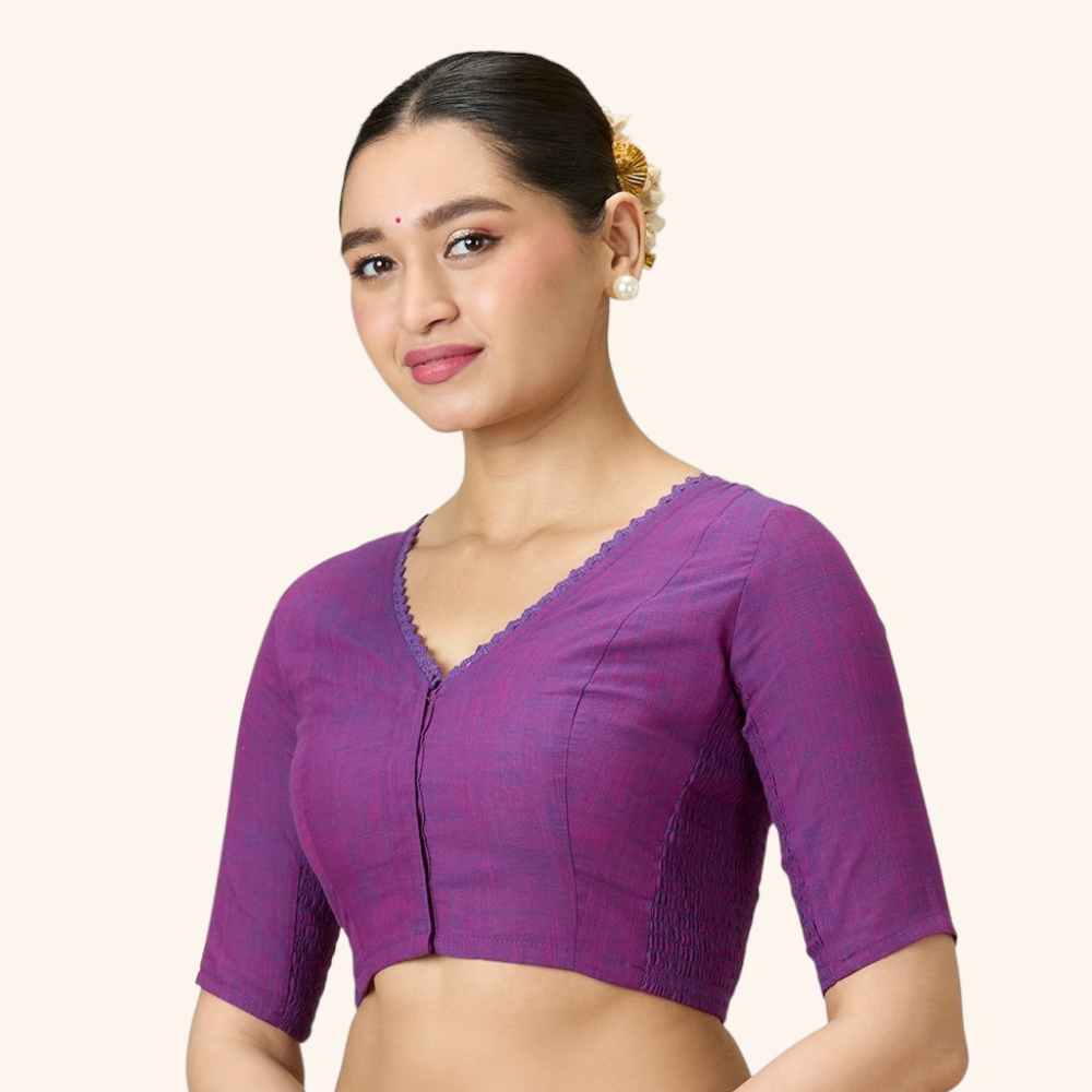 Studio Shringaar Women's Purple Handloom Cotton Side Stretchable (Smocked) Readymade Saree Blouse With Crochet Neckline (Design 2997)