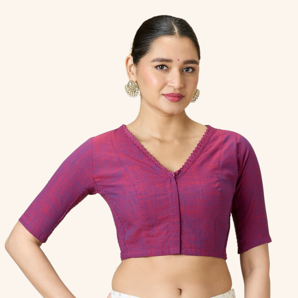 Studio Shringaar Women's Wine Handloom Cotton Side Stretchable (Smocked) Readymade Saree Blouse With Crochet Neckline (Design 2997)