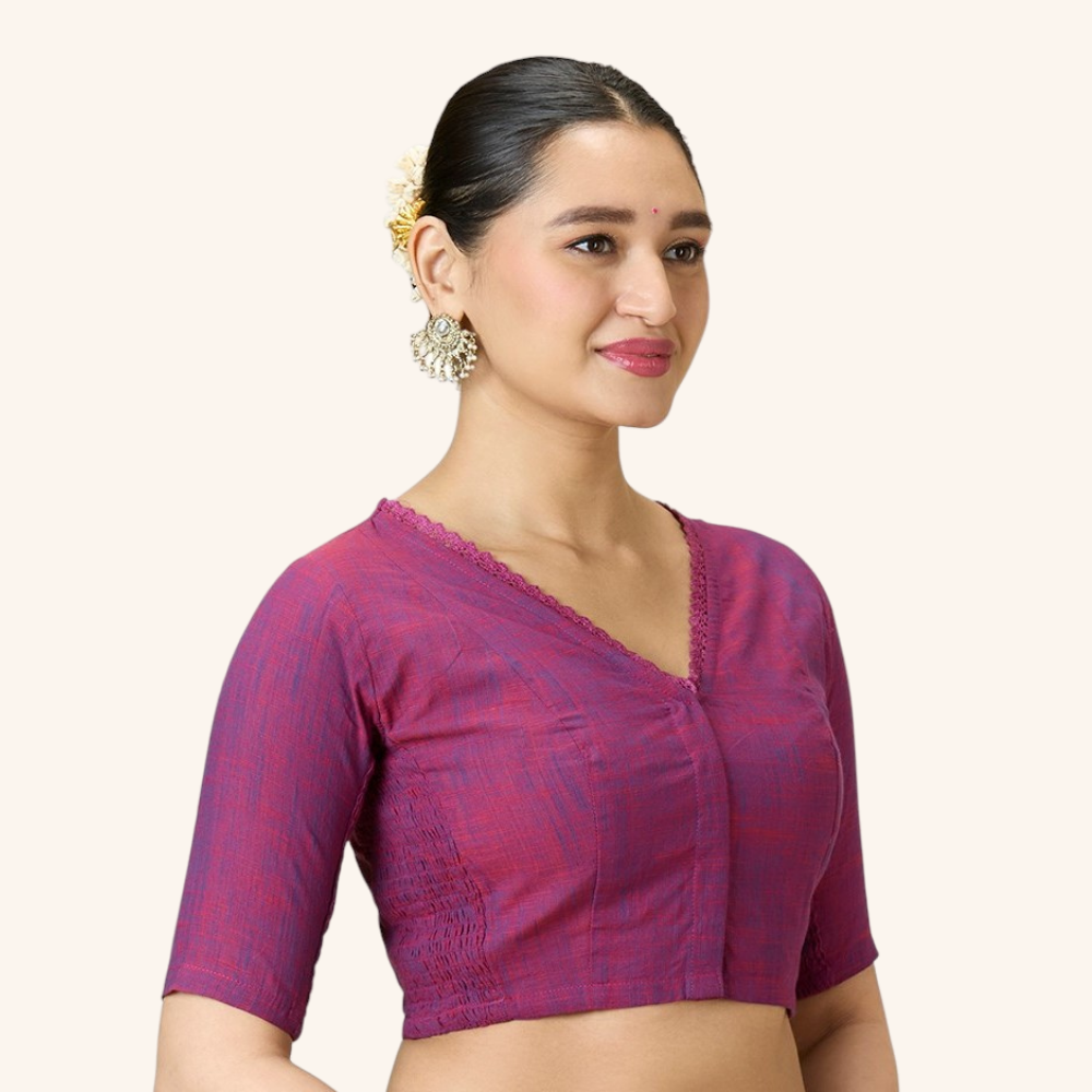 Studio Shringaar Women's Wine Handloom Cotton Side Stretchable (Smocked) Readymade Saree Blouse With Crochet Neckline (Design 2997)