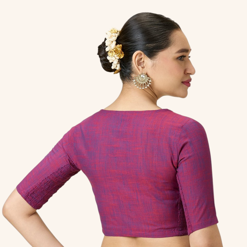 Studio Shringaar Women's Wine Handloom Cotton Side Stretchable (Smocked) Readymade Saree Blouse With Crochet Neckline (Design 2997)