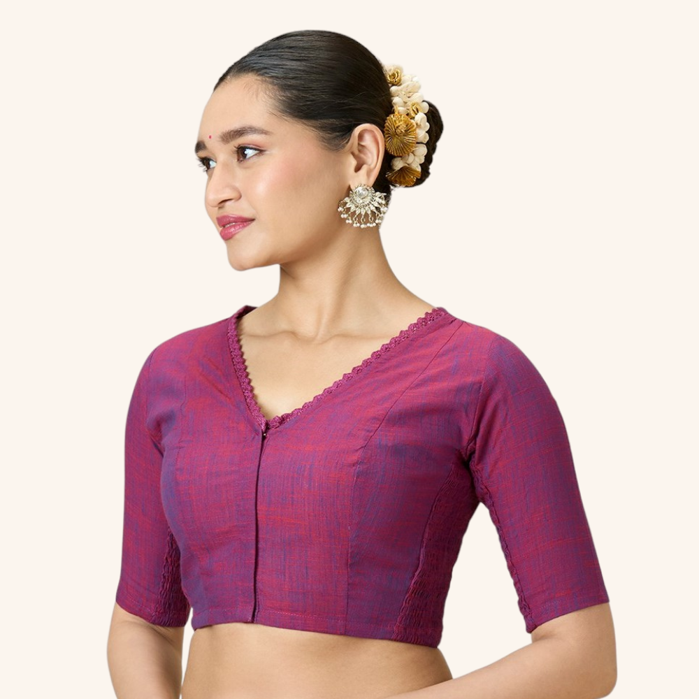 Studio Shringaar Women's Wine Handloom Cotton Side Stretchable (Smocked) Readymade Saree Blouse With Crochet Neckline (Design 2997)