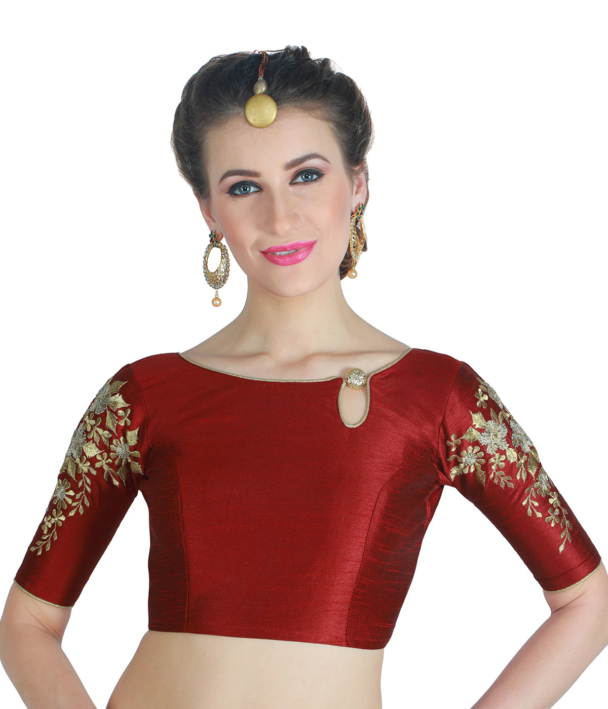 Women's Polyester Elbow Length Sleeves Saree Blouse (1918 - Maroon)