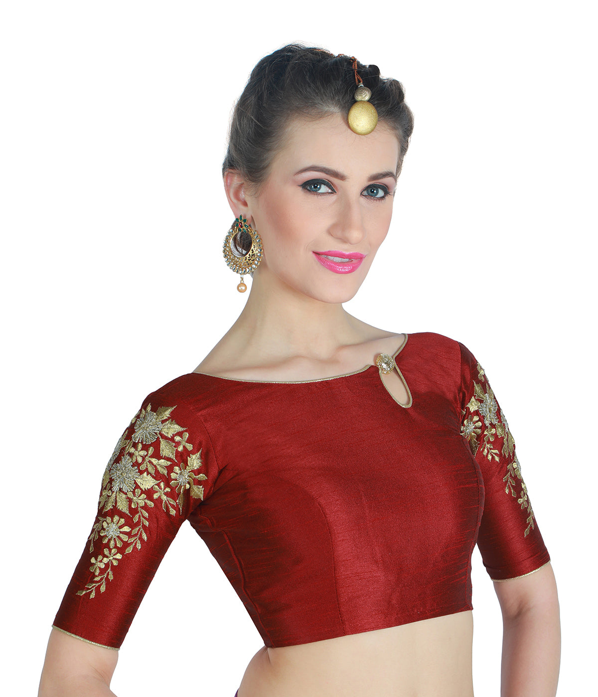 Women's Polyester Elbow Length Sleeves Saree Blouse (1918 - Maroon)