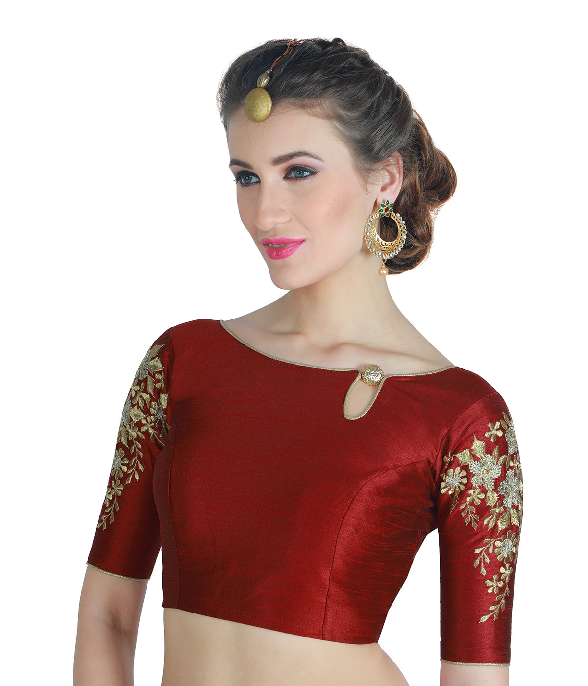 Women's Polyester Elbow Length Sleeves Saree Blouse (1918 - Maroon)