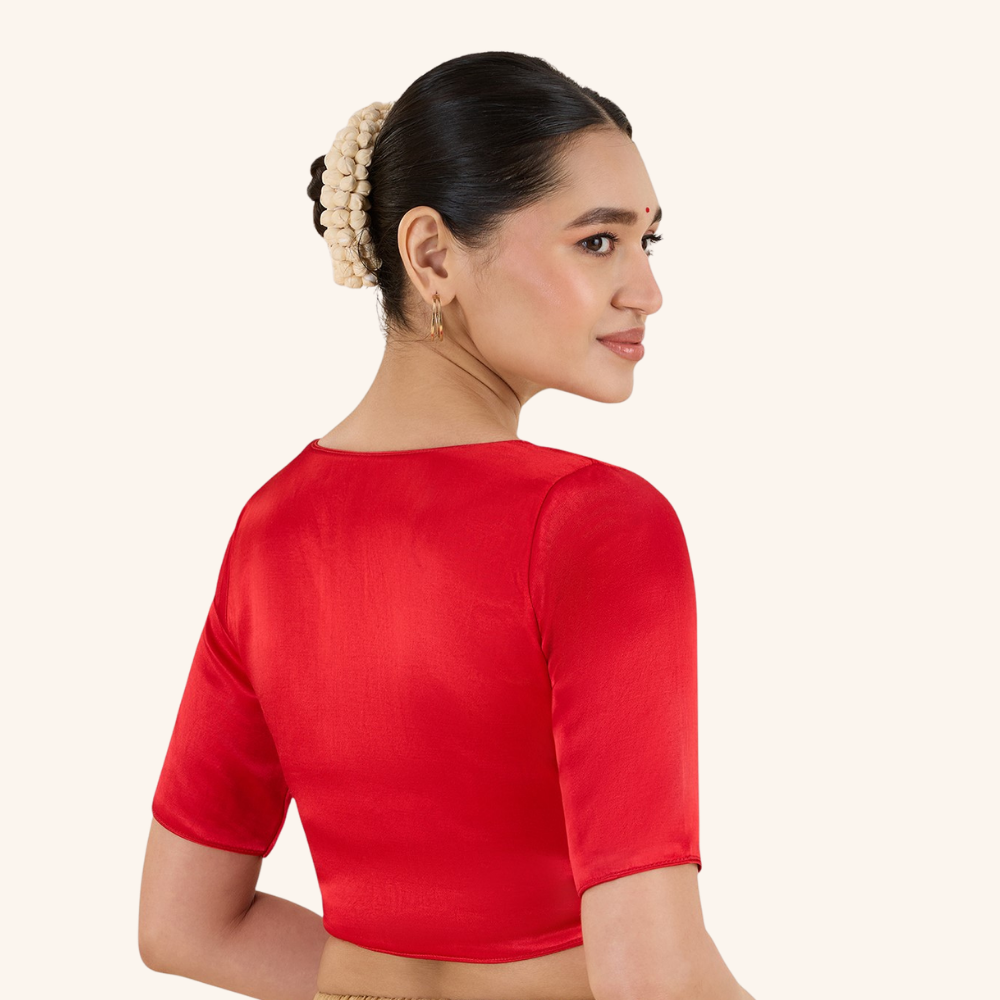 Studio Shringaar Women's Red Premium Soft Viscose Velvet Satin Readymade Saree Blouse In Rich Silky Colours (Design 3013)